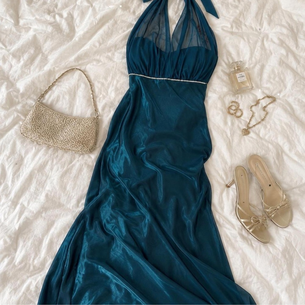 blue fairy prom dress vintage blueish green rhinestone halter formal dress